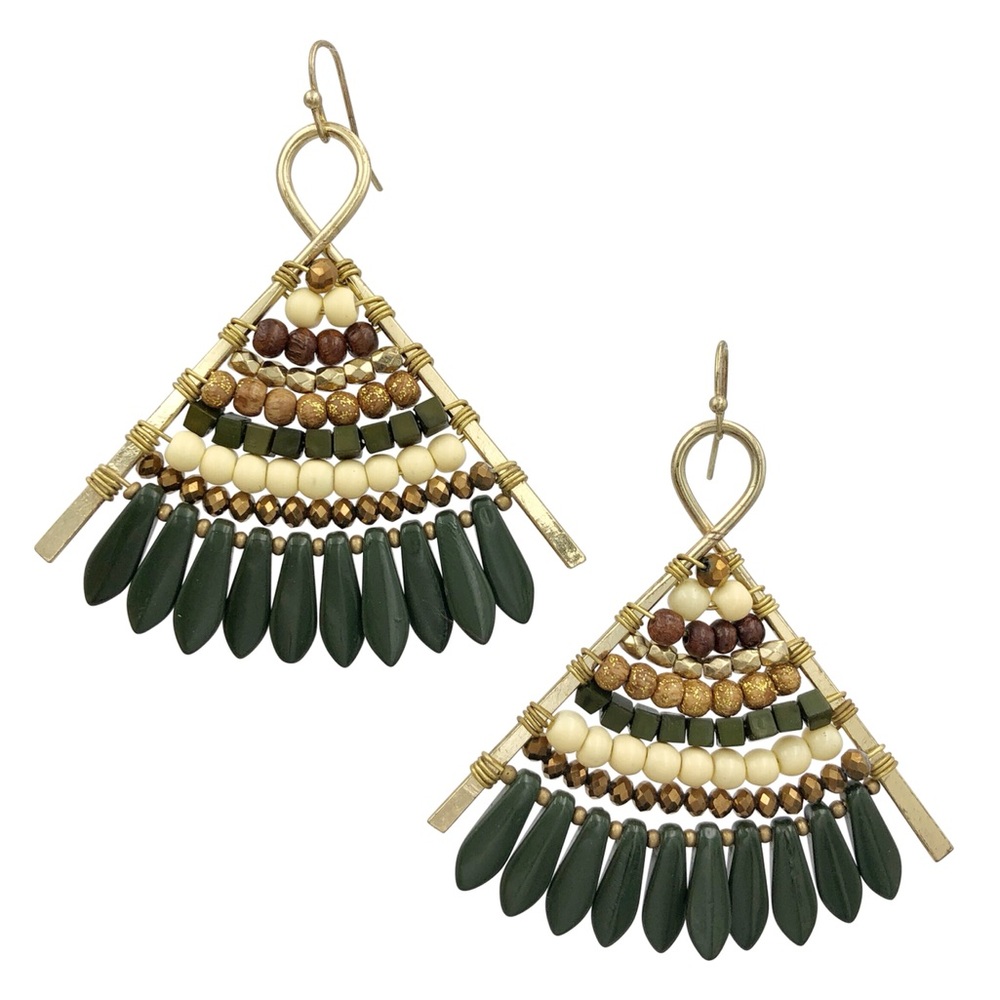 Multicolor Olive Green Brown Cream Beaded Fan Handmade Statement Dangle Earrings